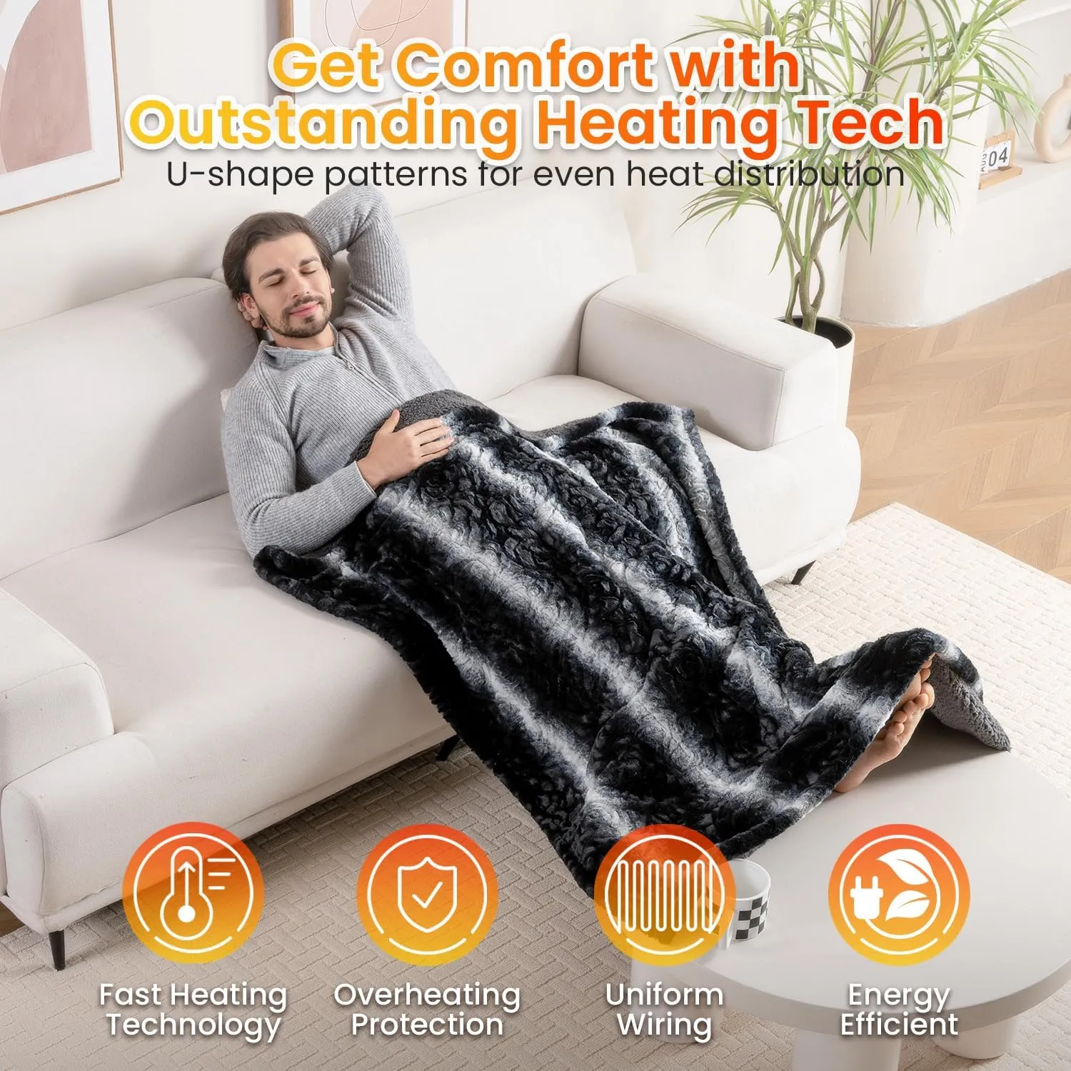 WOOMER [5 Year Warranty Electric Heated Throw Blanket (50"x 60"), Eco-Friendly Faux Fur&Soft Sherpa,Fast Heating Blanket with Floral Pattern, 4 Heating Levels & 4H Auto Off, ETL Certified, Home Decor
