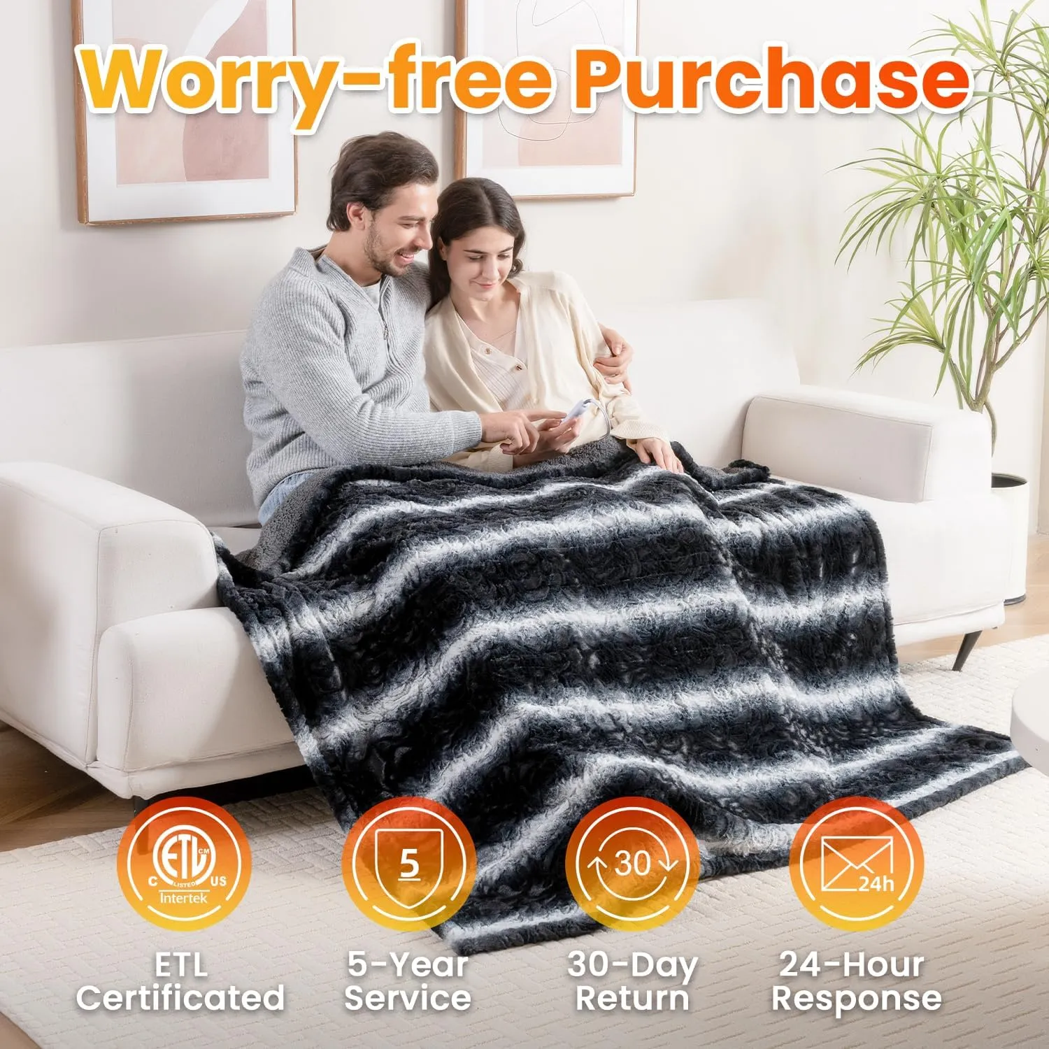 WOOMER [5 Year Warranty Electric Heated Throw Blanket (50"x 60"), Eco-Friendly Faux Fur&Soft Sherpa,Fast Heating Blanket with Floral Pattern, 4 Heating Levels & 4H Auto Off, ETL Certified, Home Decor
