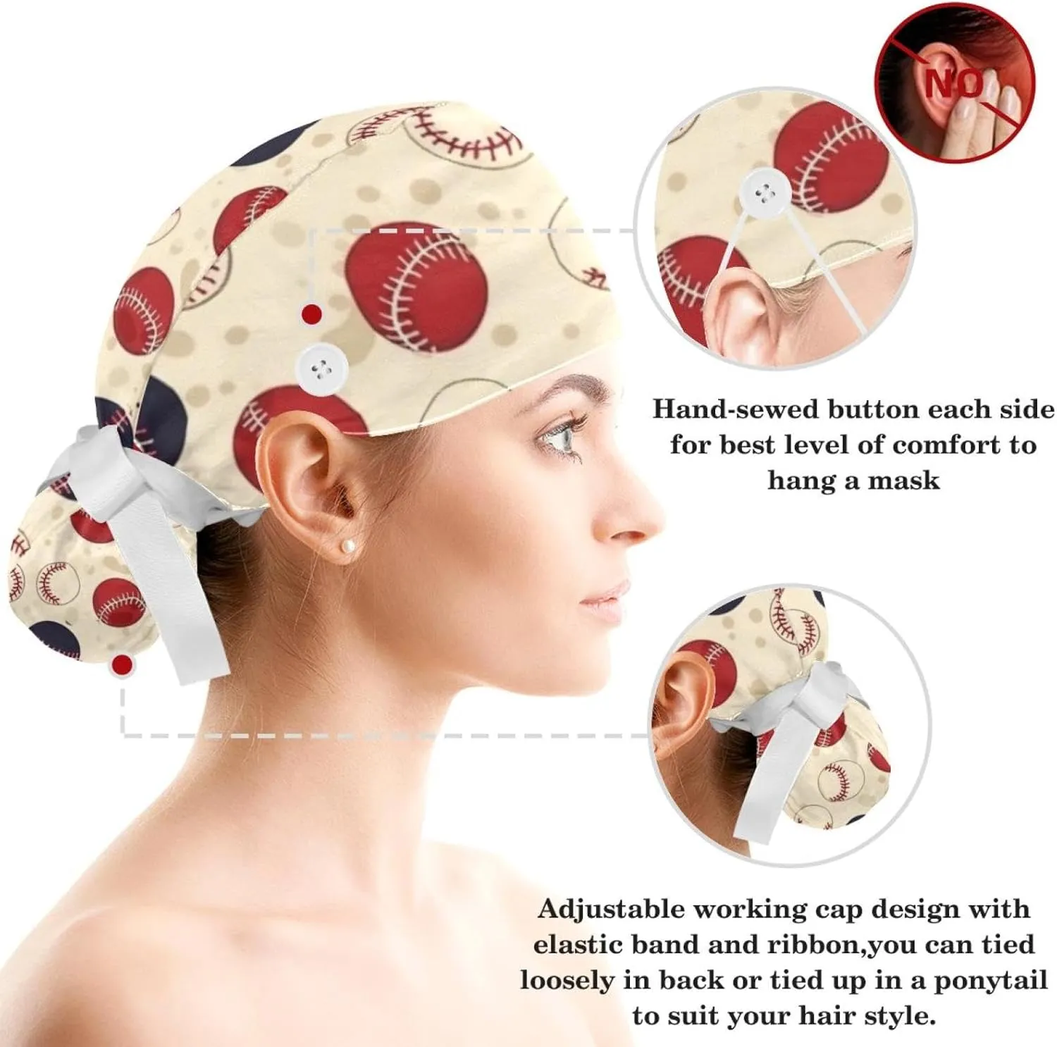 Working Hats with Buttons & Ribbon Ties for Women, Unicorn Black Surgery Scrub Cap Long Hair, Nurse Bouffant Caps