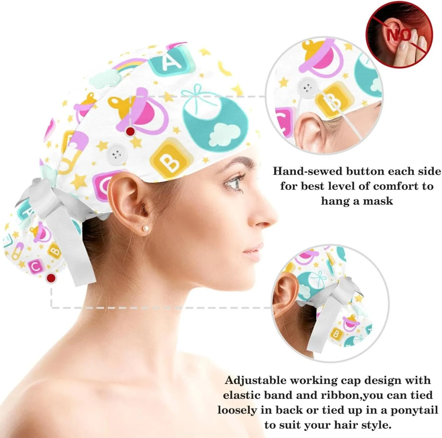 Working Hats with Buttons & Ribbon Ties for Women, Unicorn Black Surgery Scrub Cap Long Hair, Nurse Bouffant Caps
