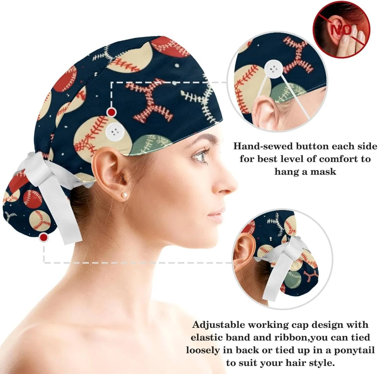 Working Hats with Buttons & Ribbon Ties for Women, Unicorn Black Surgery Scrub Cap Long Hair, Nurse Bouffant Caps