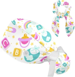 Working Hats with Buttons & Ribbon Ties for Women, Unicorn Black Surgery Scrub Cap Long Hair, Nurse Bouffant Caps