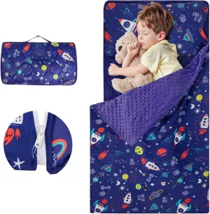 YCDTMY Nap Mat with Pillow 55‘’*29‘’ for 2-7 Years, Cotton Toddler Sleeping Bag with Removable Minky Blanket, Daycare Nap Mats for Preschool Kindergarten, Sleeping mat Slumber Bag Blue Space