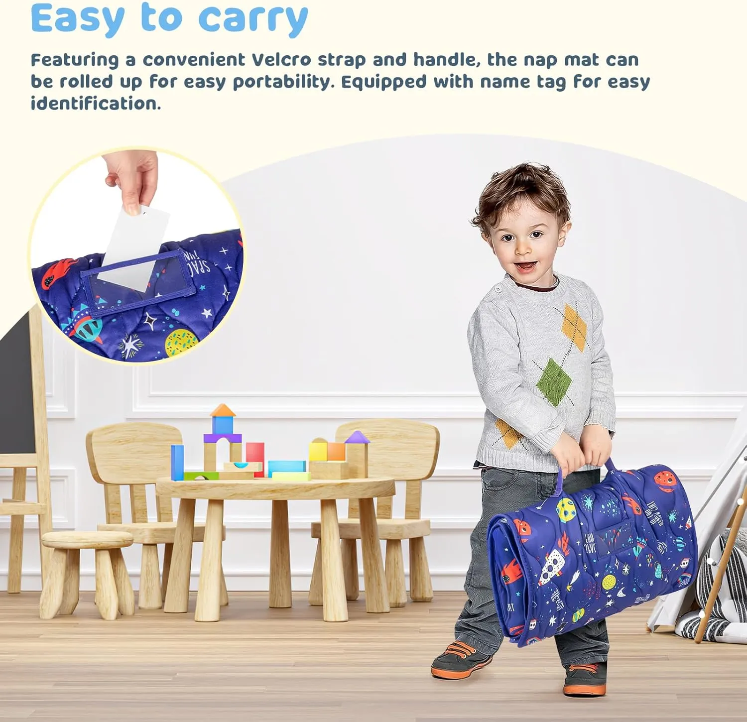 YCDTMY Nap Mat with Pillow 55‘’*29‘’ for 2-7 Years, Cotton Toddler Sleeping Bag with Removable Minky Blanket, Daycare Nap Mats for Preschool Kindergarten, Sleeping mat Slumber Bag Blue Space