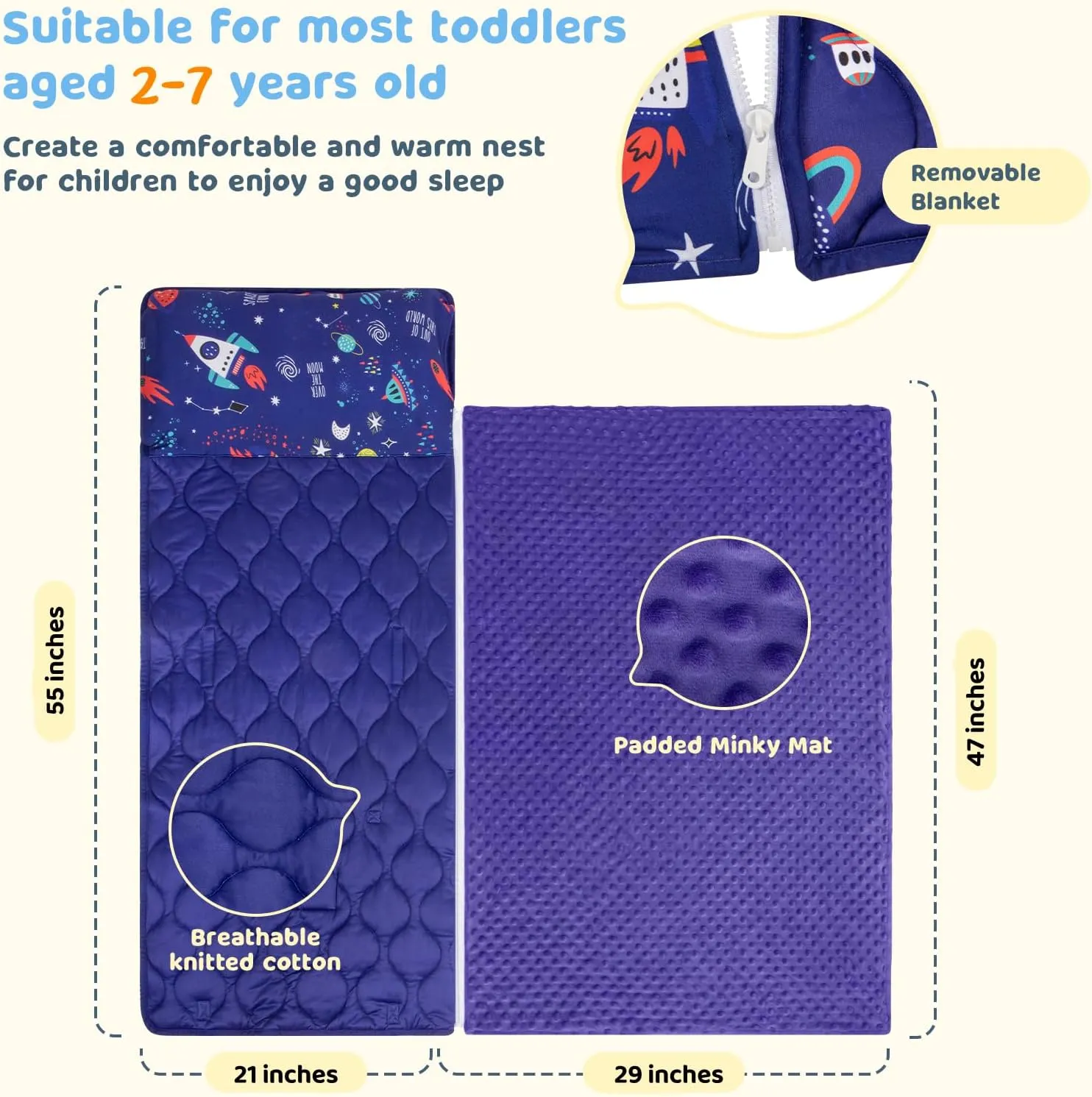 YCDTMY Nap Mat with Pillow 55‘’*29‘’ for 2-7 Years, Cotton Toddler Sleeping Bag with Removable Minky Blanket, Daycare Nap Mats for Preschool Kindergarten, Sleeping mat Slumber Bag Blue Space