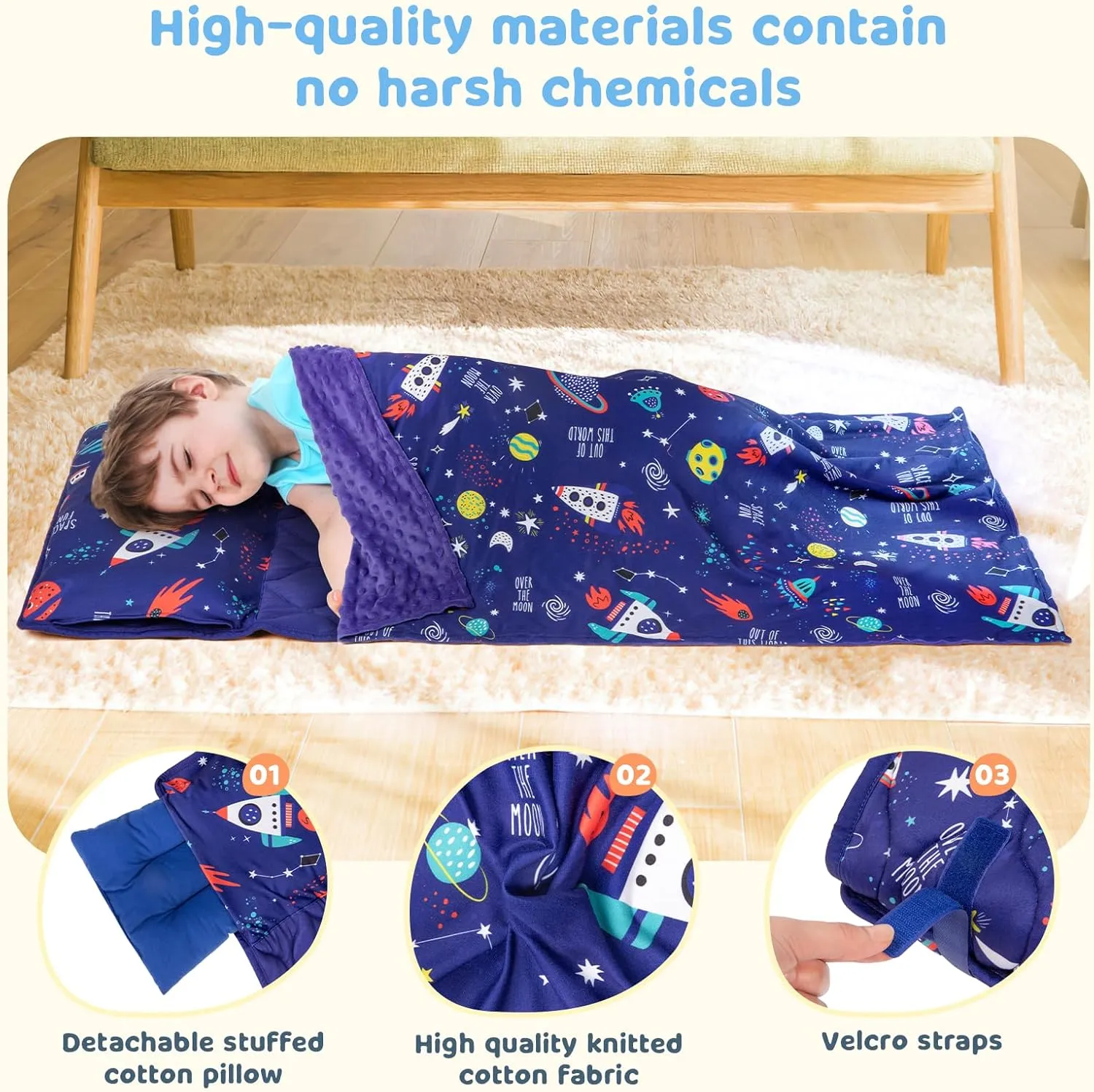 YCDTMY Nap Mat with Pillow 55‘’*29‘’ for 2-7 Years, Cotton Toddler Sleeping Bag with Removable Minky Blanket, Daycare Nap Mats for Preschool Kindergarten, Sleeping mat Slumber Bag Blue Space
