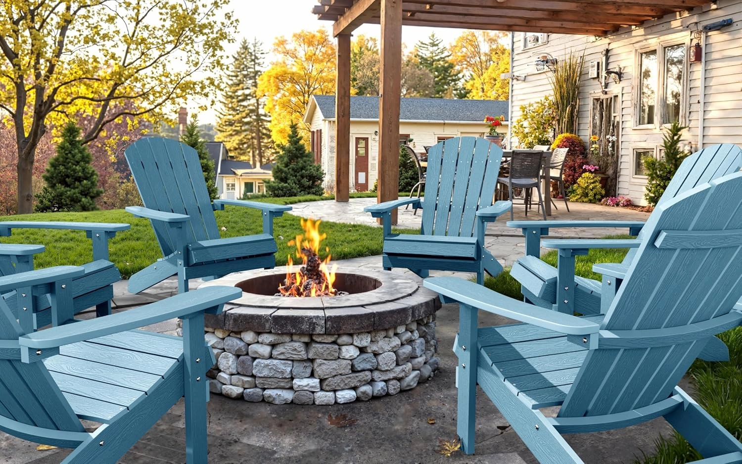 YEFU Adirondack Chair Weather Resistant: Outdoor Chair HIPS Plastic Adirondack Chairs - Patio Chairs with Wood Texture - Lawn Fire Pit Deck Porch Garden Chairs for Adults (Blue)