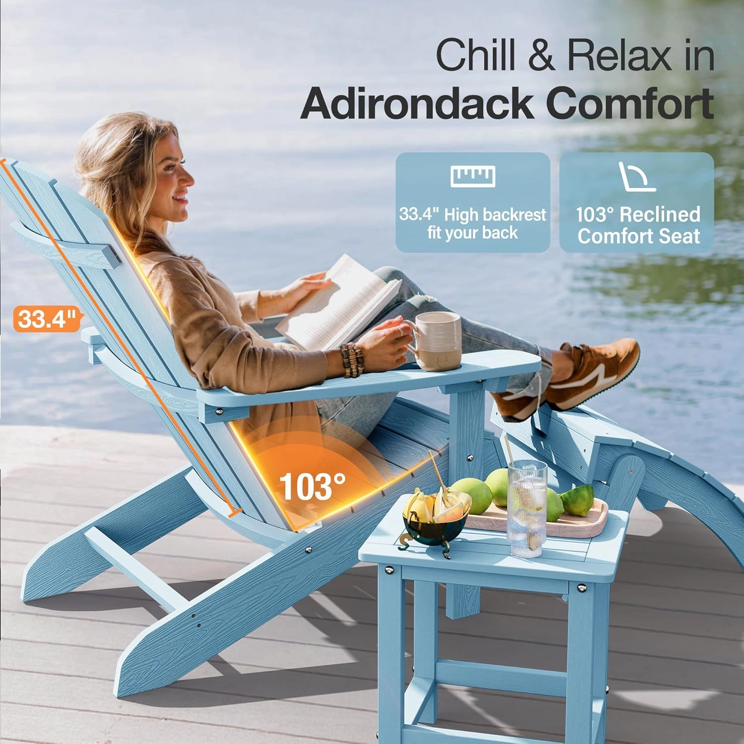 YEFU Adirondack Chair Weather Resistant: Outdoor Chair HIPS Plastic Adirondack Chairs - Patio Chairs with Wood Texture - Lawn Fire Pit Deck Porch Garden Chairs for Adults (Blue)