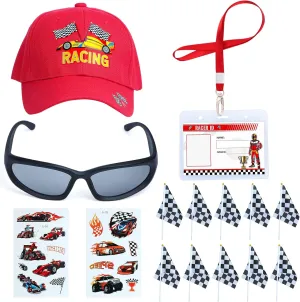Yewong Kids Race Costume Racing Hat Sunglasses Tattoos ID Card Checkered Flags for Racer Car Birthday Party Halloween