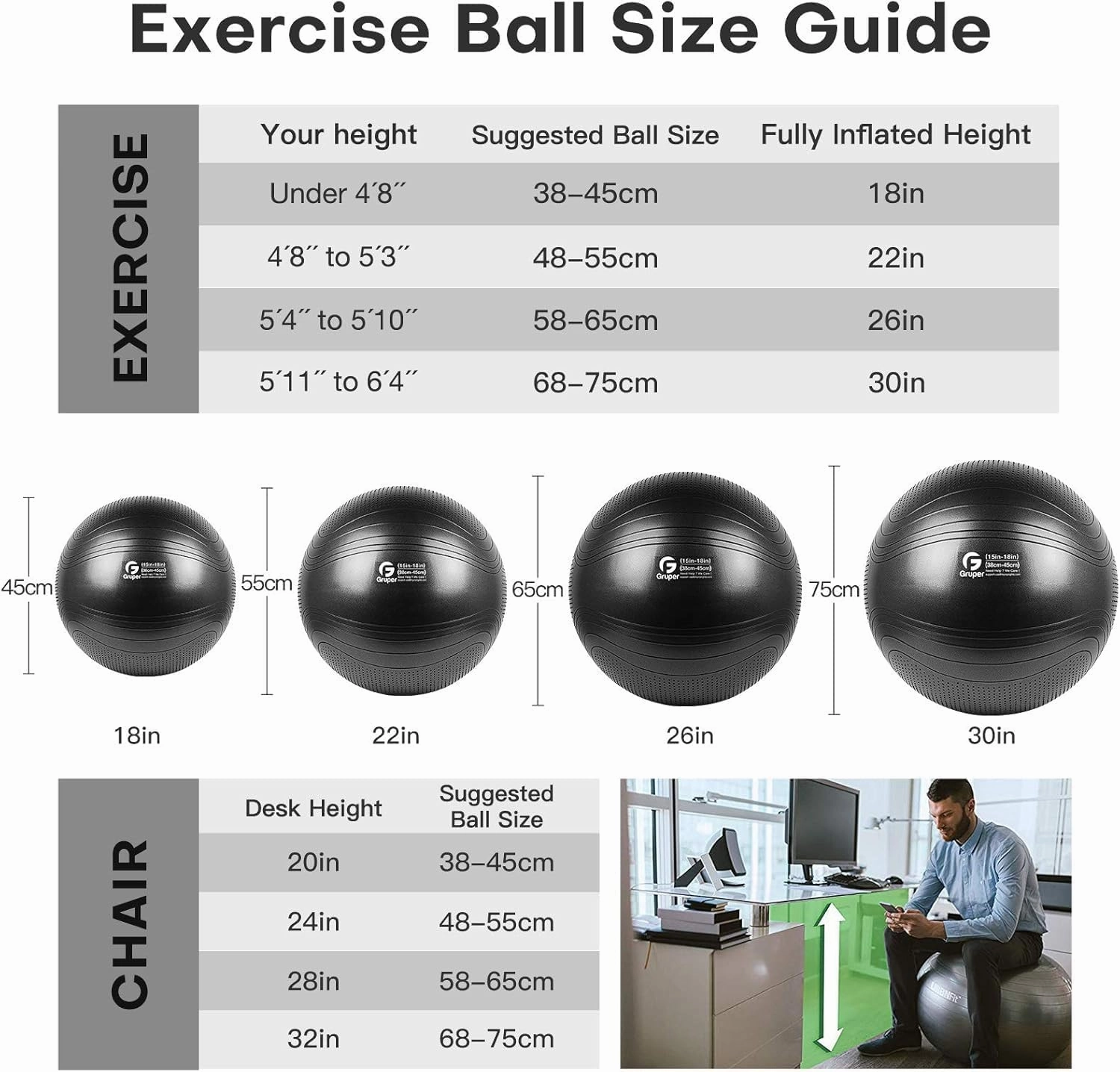 Yoga Ball, 22-30 Inch Extra Thick Exercise Ball for Workout Fitness Balance, Anti Burst Chair for Home and Office Desk, Includes Hand Pump & Workout Guide Access