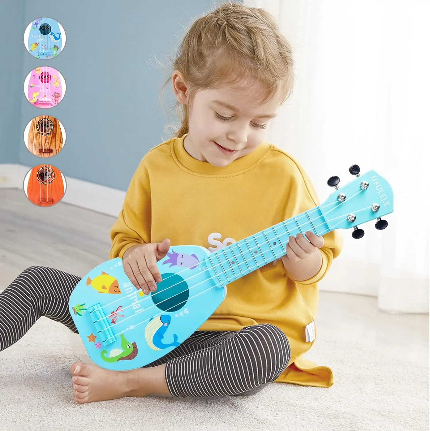 YOLOPLUS  17 Inch Kids Ukulele Guitar Toy 4 Strings Mini Children Musical Instruments Educational Learning Toy for Toddler Beginner Keep Tone Anti-Impact Can Play with Picks/Strap/Primary Tutorial