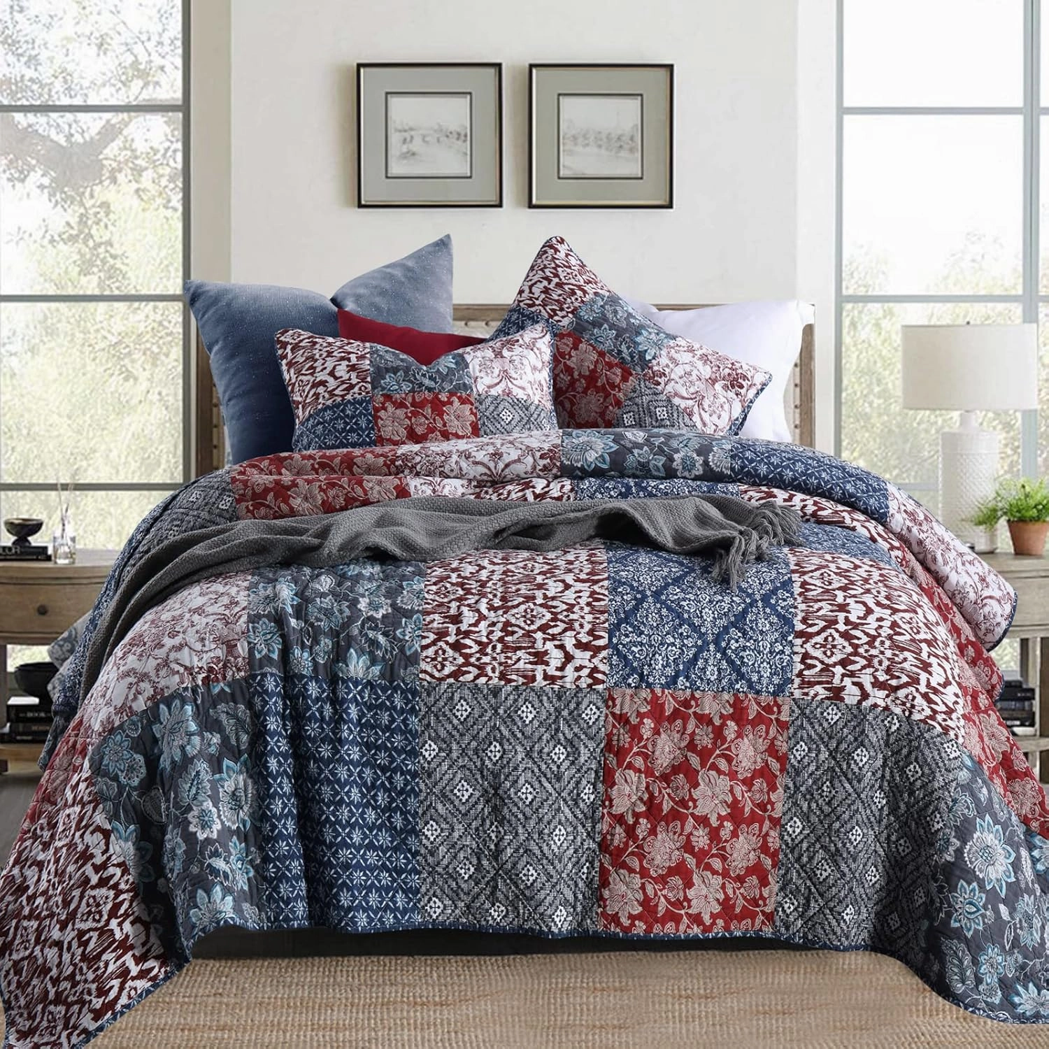 Yvooxny Quilts Queen Size 3-Piece Quilt Set Real Patchwork Bedspread Coverlet Set Quilted Bedding Set with Pillowcases for All Seasons, Farmhouse Bohemian Style