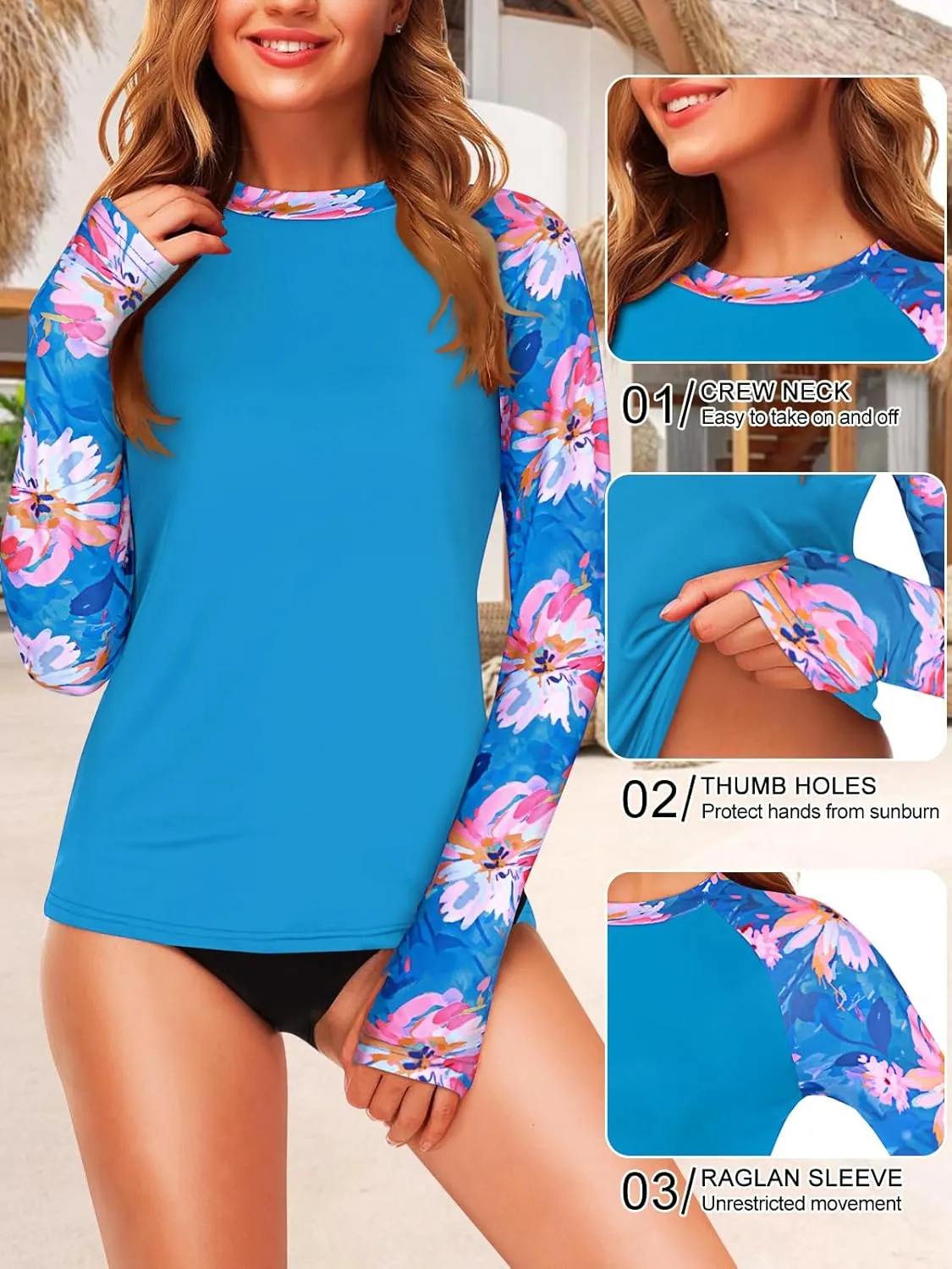 Zamowoty Womens Rash Guard Long Sleeve Swim Shirts UPF 50  Sun Protection Bathing Suit Swimsuit Top with Thumb Hole No Bottom