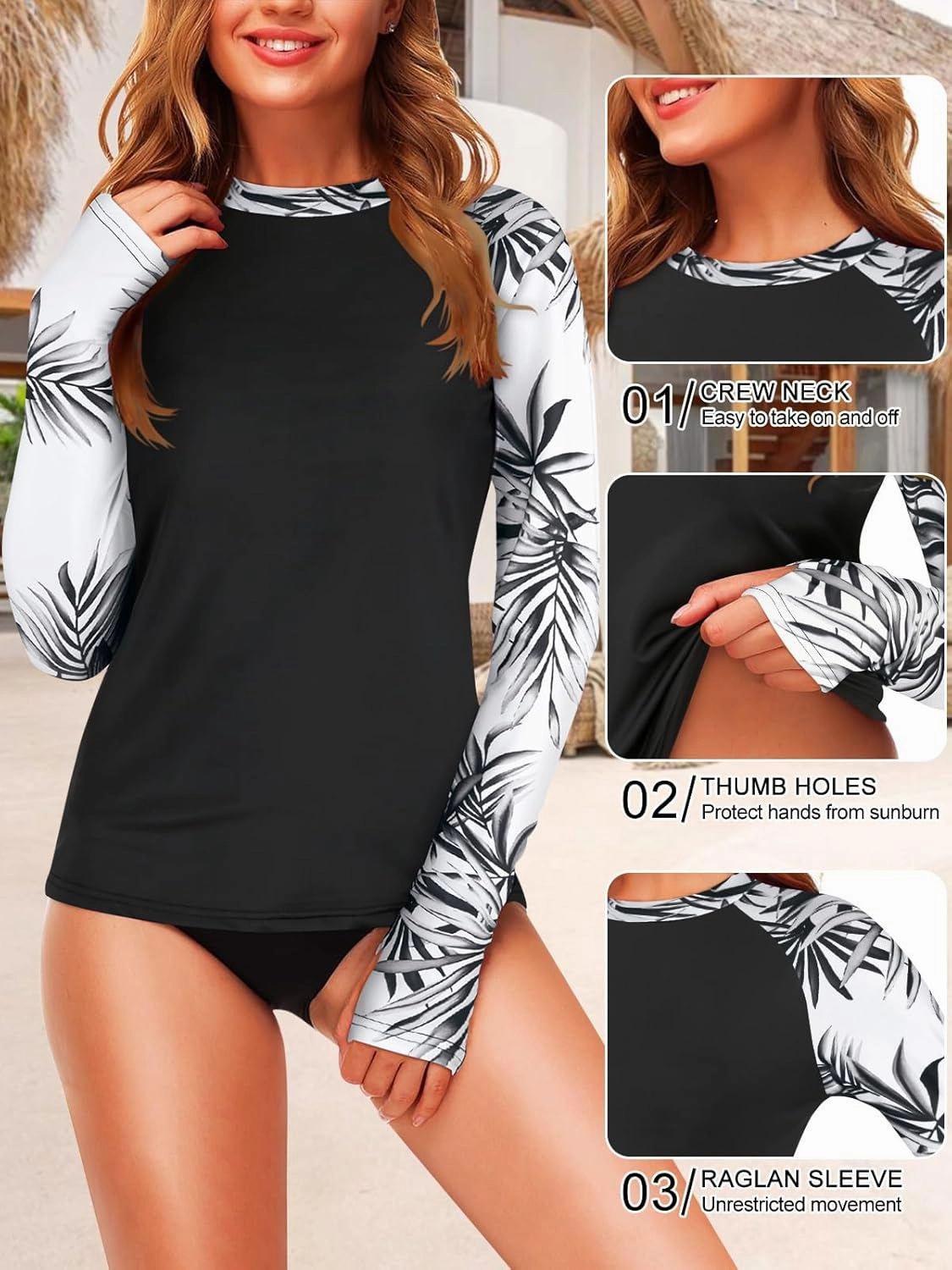 Zamowoty Womens Rash Guard Long Sleeve Swim Shirts UPF 50  Sun Protection Bathing Suit Swimsuit Top with Thumb Hole No Bottom