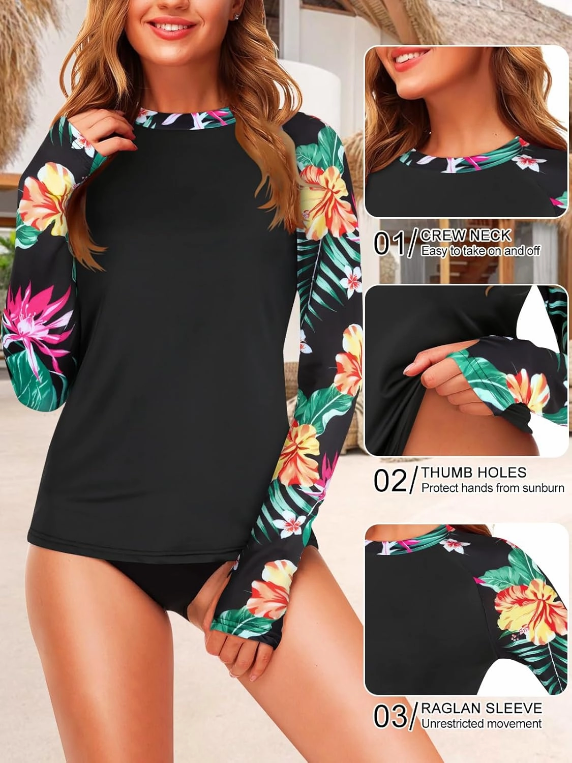 Zamowoty Womens Rash Guard Long Sleeve Swim Shirts UPF 50  Sun Protection Bathing Suit Swimsuit Top with Thumb Hole No Bottom