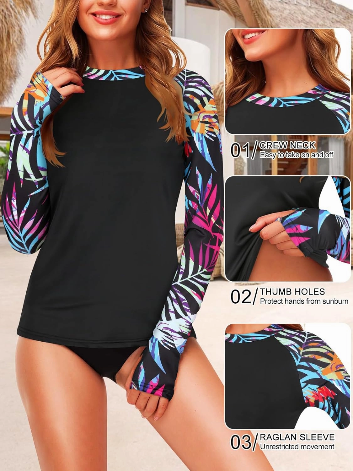 Zamowoty Womens Rash Guard Long Sleeve Swim Shirts UPF 50  Sun Protection Bathing Suit Swimsuit Top with Thumb Hole No Bottom