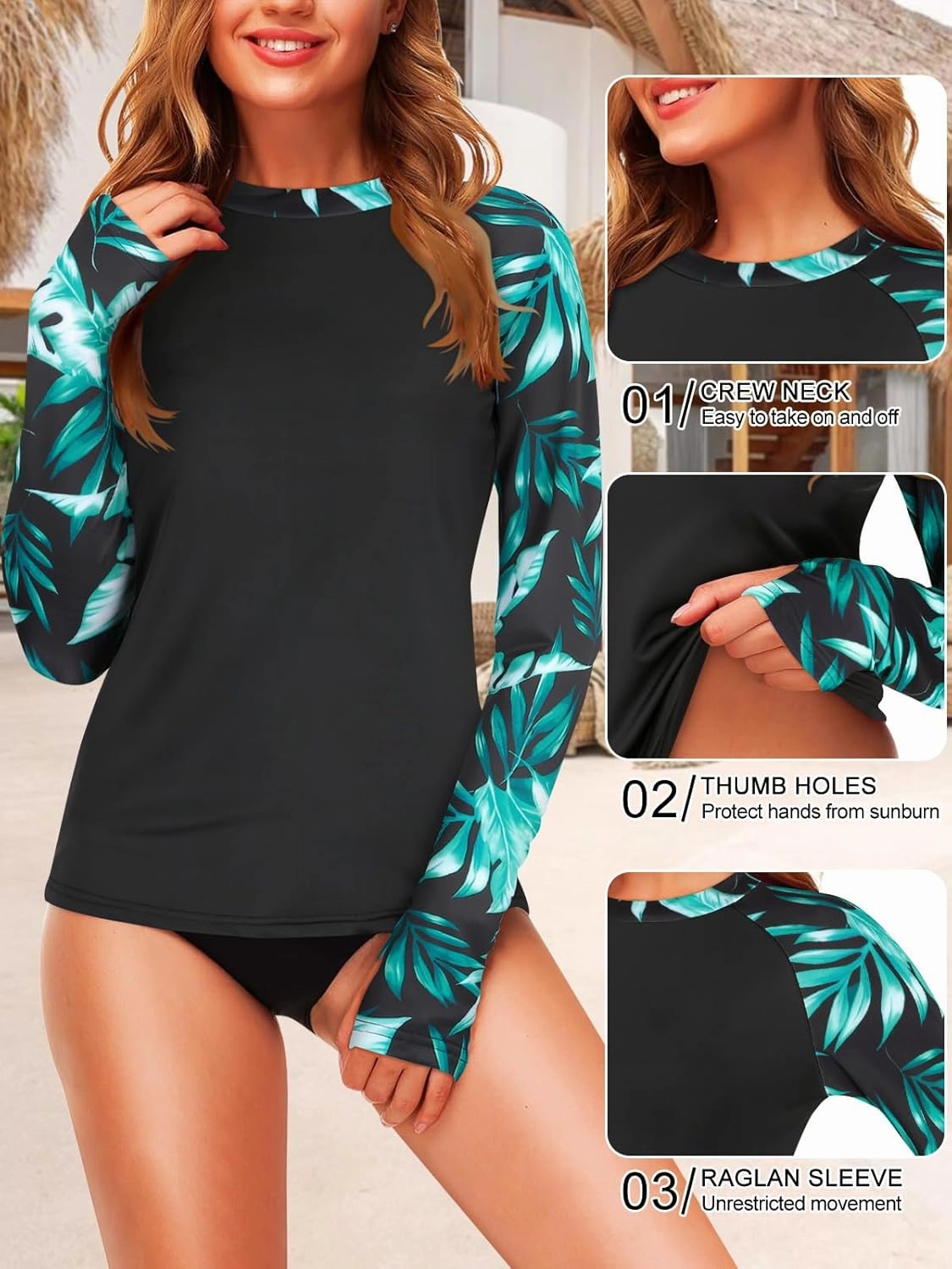 Zamowoty Womens Rash Guard Long Sleeve Swim Shirts UPF 50  Sun Protection Bathing Suit Swimsuit Top with Thumb Hole No Bottom