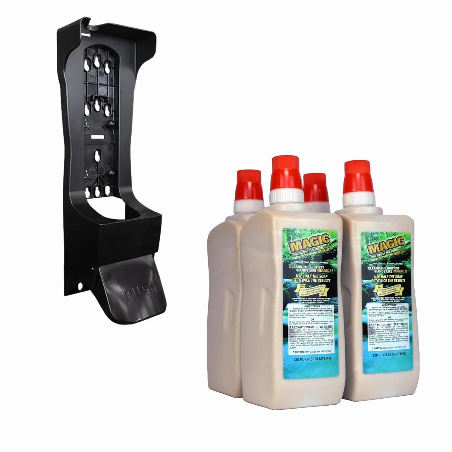 Zenex Magic Hand Soap & Push-Style Dispenser Bundle - 4-Pack 3.55L Industrial Hand Cleaner with Walnut Shell Scrubbers & Wall Mounted Dispenser | Moisturizing | Remove Grease & Grime | Easy Install