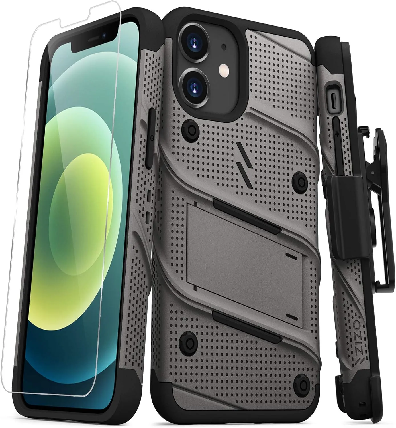 ZIZO Bolt Series for iPhone 12 Mini Case with Screen Protector Kickstand Holster Lanyard - Gun Metal Gray